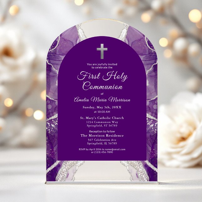 Invitations En Acrylique Première Sainte Communion Purple Argent Agate Élég (Créateur téléchargé)