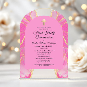 Invitations En Acrylique Première Sainte Communion Rose Agate Élégante