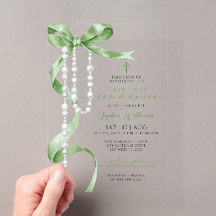 Invitations En Acrylique Première Sainte Communion Ruban Vert Élégant & Ros