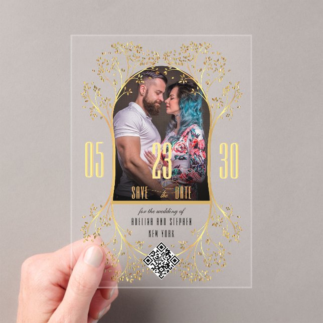 Invitations En Acrylique Preppy Floral Gold QR CODE Mariage Enregistrer la  (In situ (ordinateur de poche))
