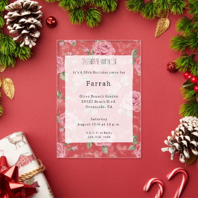Invitations En Acrylique Pretty Pink Roses Floral Birthday   (Insitu (vacances))