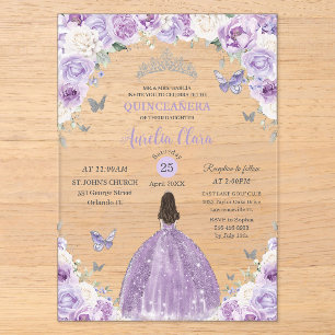 Invitations En Acrylique Princesse Florale Blanche Violette Quinceañera XV 