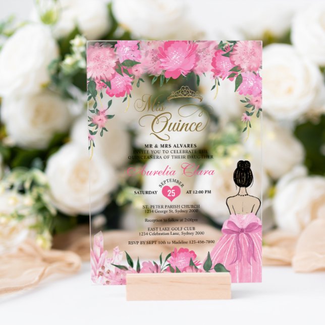 Invitations En Acrylique Princesse Florale rose pâle Mis Quince Quinceañera (Créateur téléchargé)