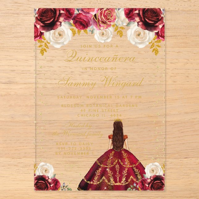 Invitations En Acrylique Princesse Florale Rouge Quinceañera (Recto)