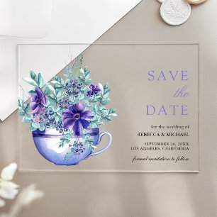 Invitations En Acrylique Purple Anemones Tea Cup Mariage Enregistrer la dat