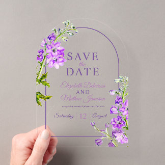 Invitations En Acrylique Purple delphinium botanical acrylic save the date