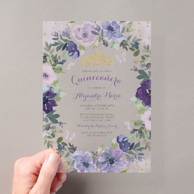 Invitations En Acrylique Purple Floral Butterfly Gold Tiara Quinceanera (In situ (ordinateur de poche))