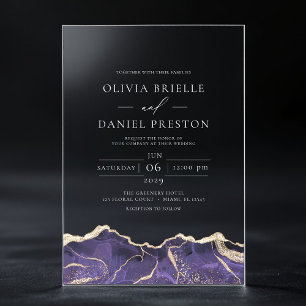 Invitations En Acrylique Purple Gold Agate Élégant Mariage moderne