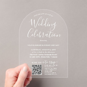 Invitations En Acrylique QR RSVP Script Simple Mariage Célébration Arquée