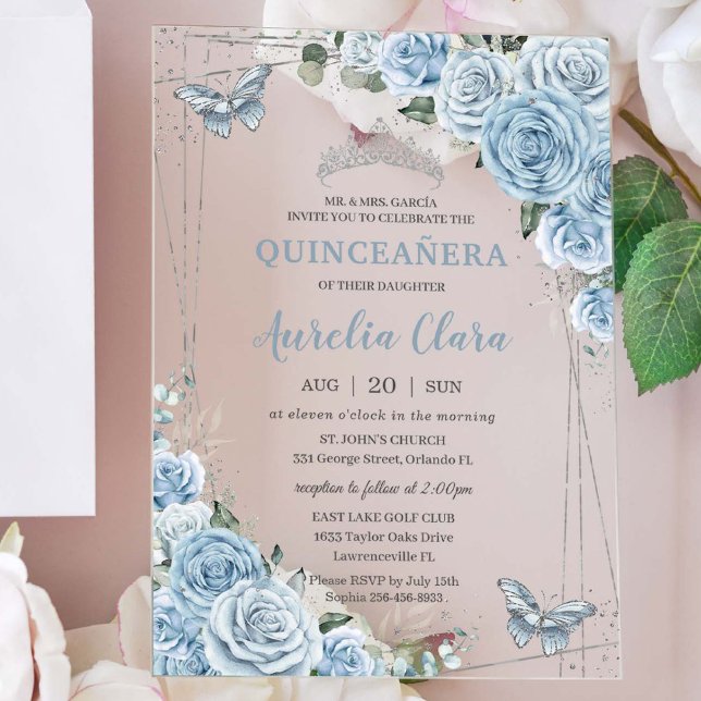 Invitations En Acrylique Quinceañera 16 Baby Blue Floral Papillons Argent (Créateur téléchargé)