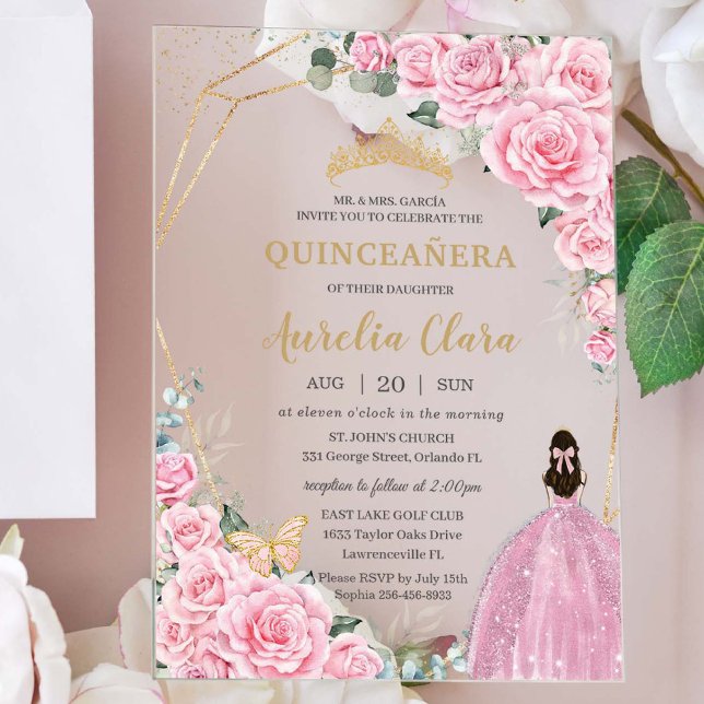 Invitations En Acrylique Quinceañera 16 Roses roses roses florales Papillon (Créateur téléchargé)