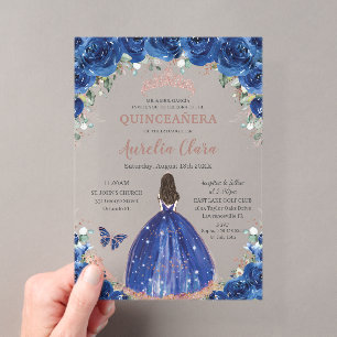 Invitations En Acrylique Quinceañera Anniversaire Royal Blue Floral Princes