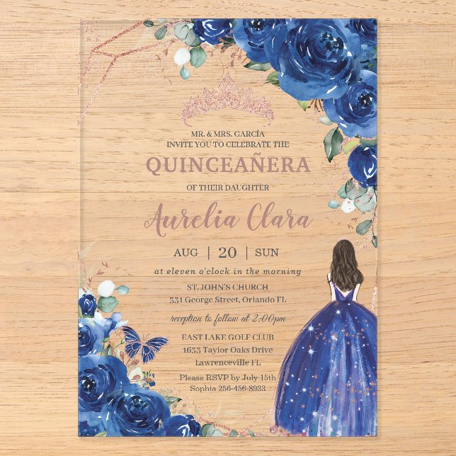 Invitations En Acrylique Quinceañera Anniversaire Royal Blue Floral Princes (Recto)
