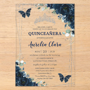 Invitations En Acrylique Quinceanera Bleu Marine Floral Papillons Argent