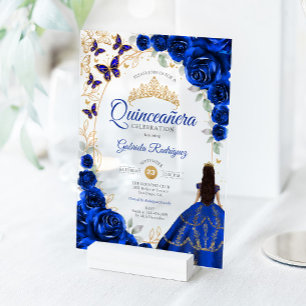 Invitations En Acrylique Quinceanera Bleu Royal Or Fleurs