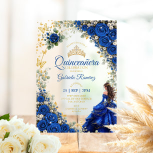 Invitations En Acrylique Quinceañera bleu royal papillons dorés