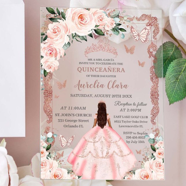 Invitations En Acrylique Quinceañera Blush rose Floral Rose Gold Princesse (Créateur téléchargé)