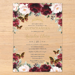 Invitations En Acrylique Quinceañera Bordeaux Rouge Floral Papillons Dorés