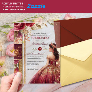 Invitations En Acrylique Quinceañera Bourgogne Rouge or coing Robe Fleurs