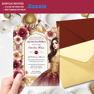 Invitations En Acrylique Quinceañera Bourgogne Rouge or coing Robe Fleurs