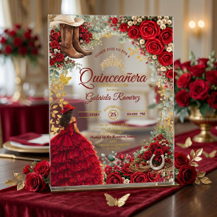 Invitations En Acrylique Quinceañera Country Western Roses Rouges Dorées
