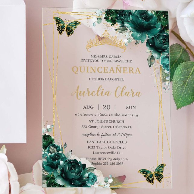 Invitations En Acrylique Quinceañera Emerald Green Floral Gold Butterflies (Créateur téléchargé)