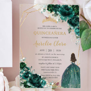 Invitations En Acrylique Quinceañera Emerald Green Floral Gold Princess