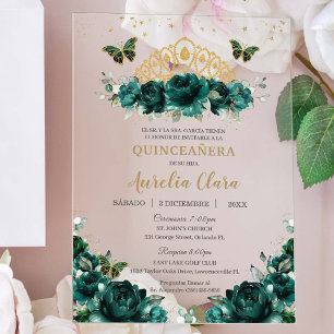 Invitations En Acrylique Quinceañera Emerald Green Floral Princess Crown