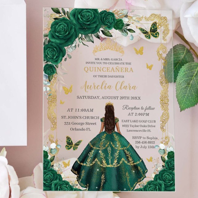 Invitations En Acrylique Quinceañera Emerald Green Floral Princess Gold (Créateur téléchargé)