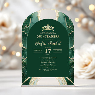 Invitations En Acrylique Quinceañera Emerald Green Gold Agate Élégant