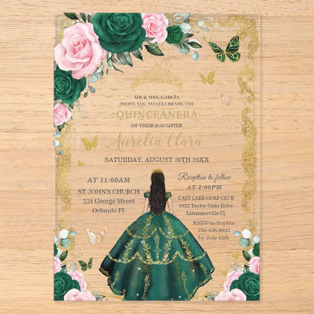 Invitations En Acrylique Quinceañera Emerald Pink Floral Black Hair Gold (Recto)