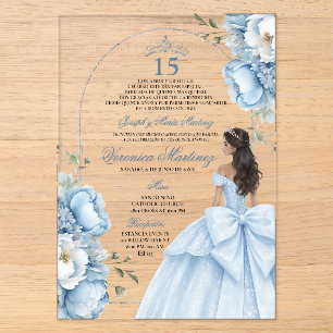 Invitations En Acrylique Quinceañera Espagnole Dusty Blue 15 Ans Princesse