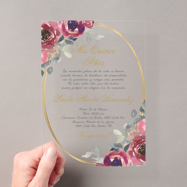 Invitations En Acrylique Quinceanera espagnole florale bordeaux (In situ (ordinateur de poche))