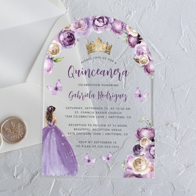 Invitations En Acrylique Quinceañera Fleurs de Roses Violettes Aquarelle (Créateur téléchargé)