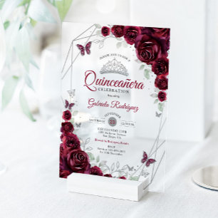 Invitations En Acrylique Quinceanera Floral Aquarelle Bourgogne