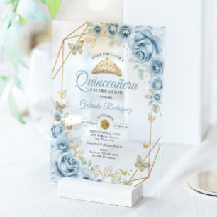 Invitations En Acrylique Quinceanera Floral Bleu Bébé Or