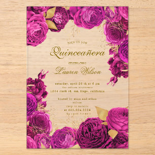 Invitations En Acrylique Quinceanera florale exclusive rose chaud