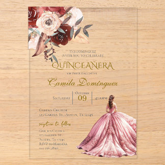 Invitations En Acrylique Quinceanera Florale Rose