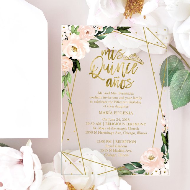 Invitations En Acrylique Quinceañera florale rose (Créateur téléchargé)