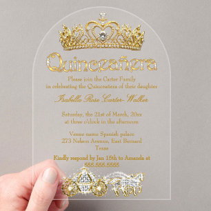 Invitations En Acrylique Quinceanera Gold Tiara Diamonds Princess Carrie