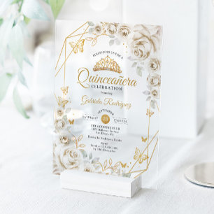 Invitations En Acrylique Quinceanera Ivoire Or Crème Florale