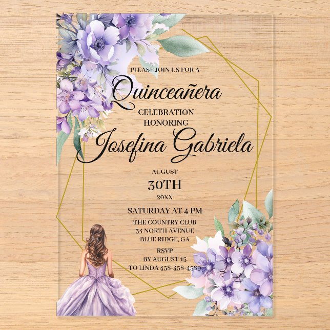 Invitations En Acrylique Quinceanera Lavender floral  (Recto)