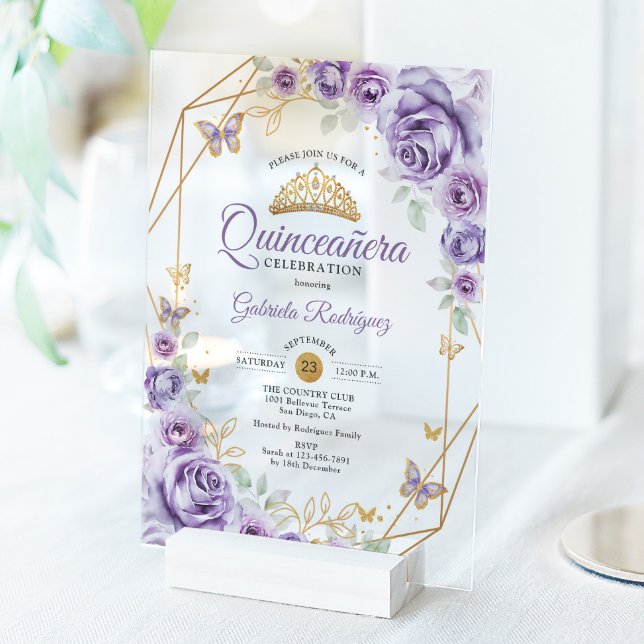 Invitations En Acrylique Quinceanera Lilac Floral pourpre (Créateur téléchargé)