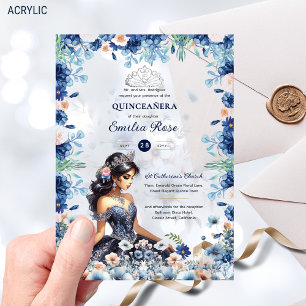 Invitations En Acrylique Quinceañera Marine Blue Peach Silver Robe Fleurs
