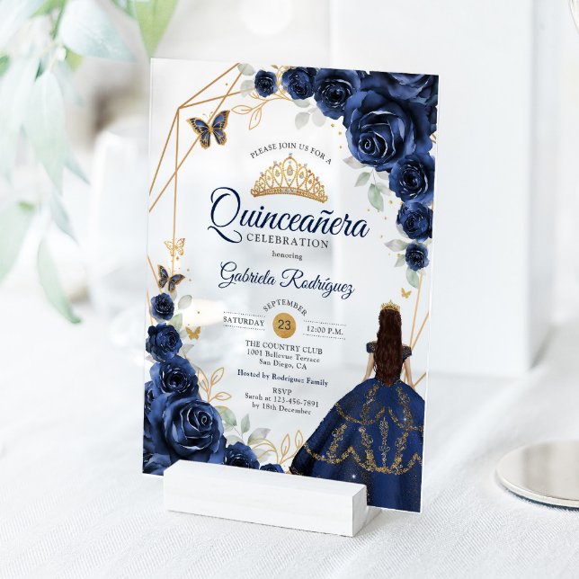 Invitations En Acrylique Quinceanera Navy Blue Floral Dress Gold (Créateur téléchargé)