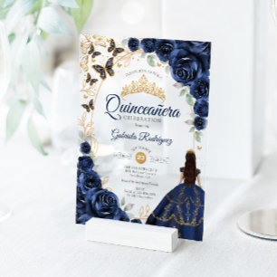 Invitations En Acrylique Quinceanera Navy Or Floral