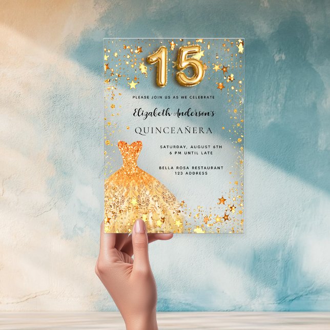 Invitations En Acrylique Quinceanera or étoiles robe claire (Créateur téléchargé)