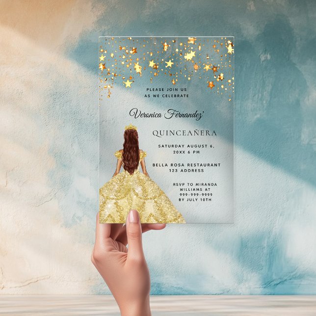 Invitations En Acrylique Quinceanera or étoiles robe claire (Créateur téléchargé)