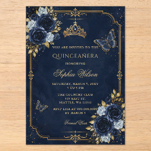 Invitations En Acrylique Quinceañera Papillon Floral Or Navy