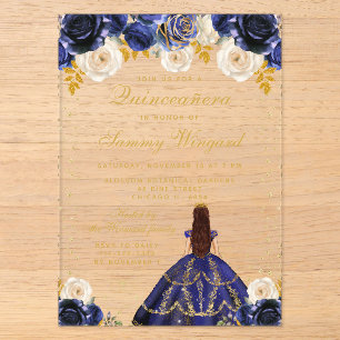 Invitations En Acrylique Quinceañera princesse florale bleu marine